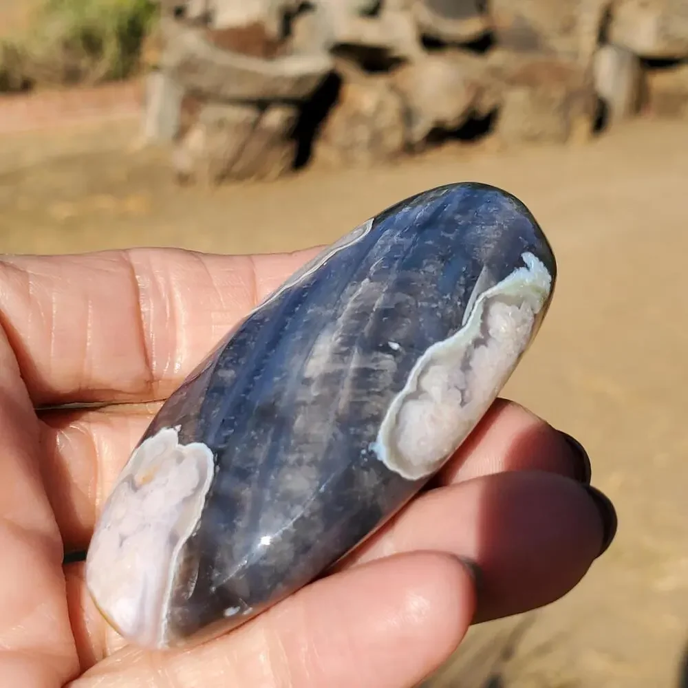 Blue Flower Blossom Agate Translucent Palmstone Crystal 68 grams